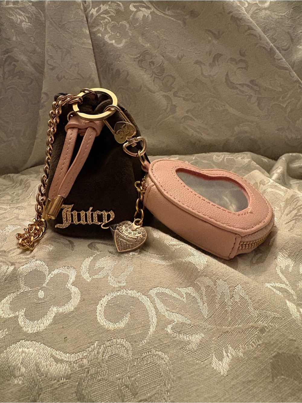 NWT Juicy Couture Micro Drawstring Pouch & Heart Mirror Coin Purse Set